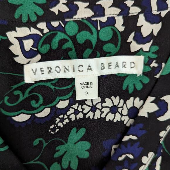 Veronica Beard Elm Silk Shirtdress V-Neck Pleated Green Floral Size 2 Preowned - Picture 6 of 13